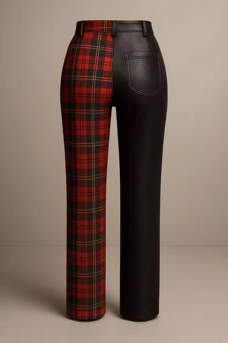 YOSAYA Split-Leg Plaid Leather Pant