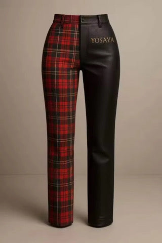 YOSAYA Split-Leg Plaid Leather Pant